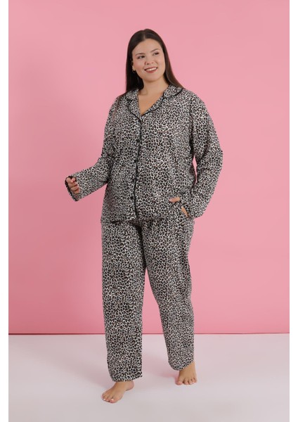 Kadın Büyük Beden Leopar Desenli Düğmeli Pijama Takımı