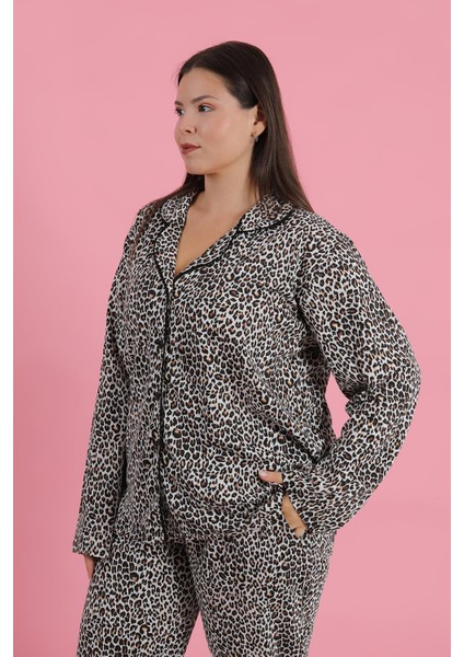 Kadın Büyük Beden Leopar Desenli Düğmeli Pijama Takımı