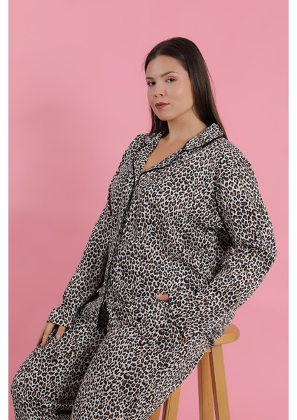Kadın Büyük Beden Leopar Desenli Düğmeli Pijama Takımı