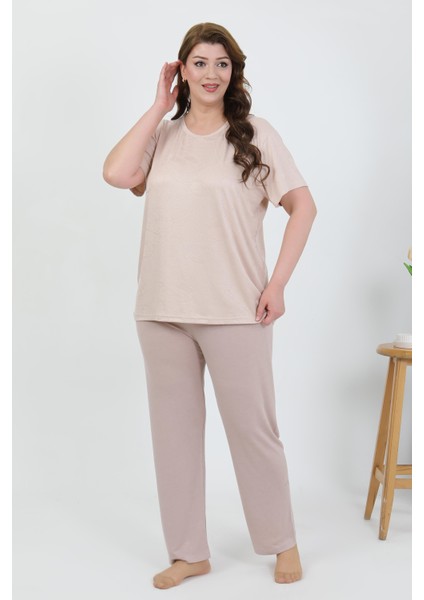 Kadın Büyük Beden Kısa Kol Penye Pijama Takımı Sütlü Kahve 202510