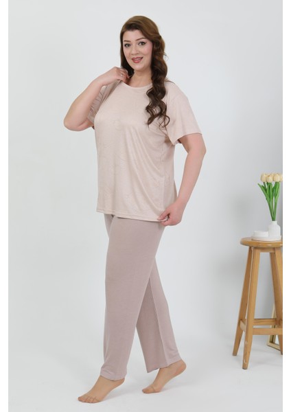 Kadın Büyük Beden Kısa Kol Penye Pijama Takımı Sütlü Kahve 202510 fırsatları
