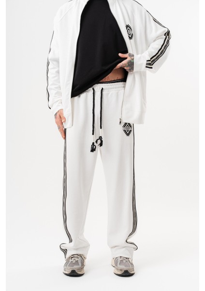 Erkek Şerit Detaylı Kışlık Doubleface Baggy Eşofman Altı Ekru