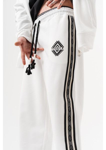 Erkek Şerit Detaylı Kışlık Doubleface Baggy Eşofman Altı Ekru