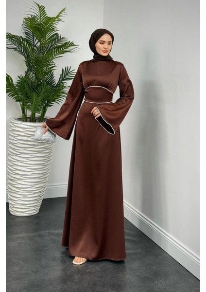 Kolu ve Beli Baget Taşlı Saten Abiye- Kahverengi modelleri