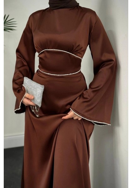 Kolu ve Beli Baget Taşlı Saten Abiye- Kahverengi indirimleri