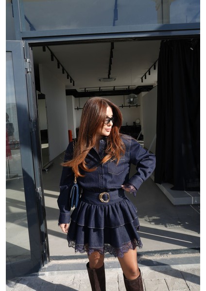 Etek Ucu ve Kolları Dantelli Beli Kemerli Denim Elbise fiyatları