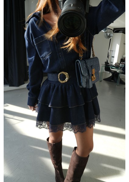 Etek Ucu ve Kolları Dantelli Beli Kemerli Denim Elbise modelleri