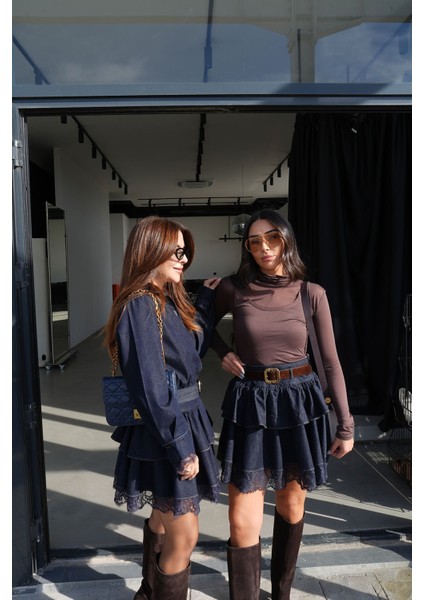 Etek Ucu ve Kolları Dantelli Beli Kemerli Denim Elbise indirimleri