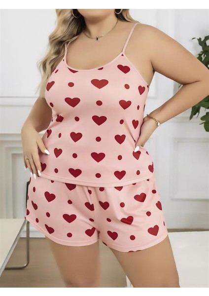 Büyük Beden Pembe Kalp Desen Pamuklu Şortlu Pijama Takımı