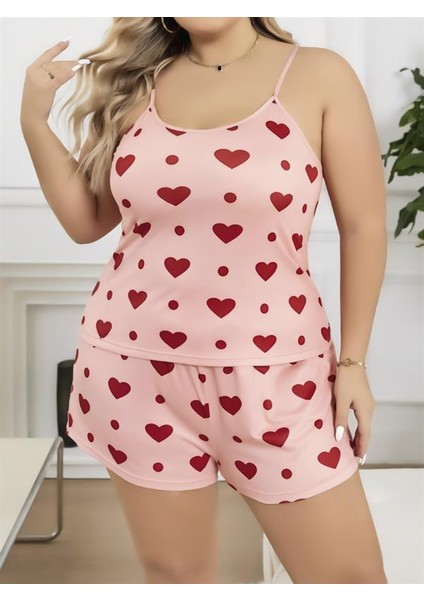 Büyük Beden Pembe Kalp Desen Pamuklu Şortlu Pijama Takımı fiyatları