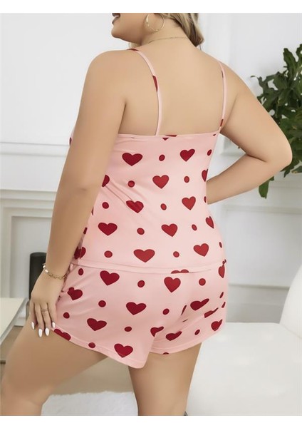 Büyük Beden Pembe Kalp Desen Pamuklu Şortlu Pijama Takımı modelleri