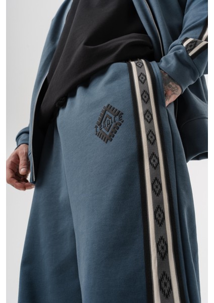 Erkek Şerit Detaylı Kışlık Doubleface Baggy Eşofman Altı Petrol