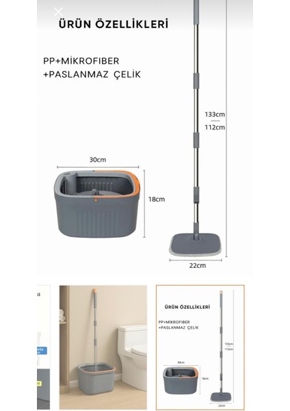 Temiz ve Kirli Suyu Ayıran Mop Seti – 360 Derece Döner Mikrofiber Mop Başlığı, Paspas Seti fırsatları