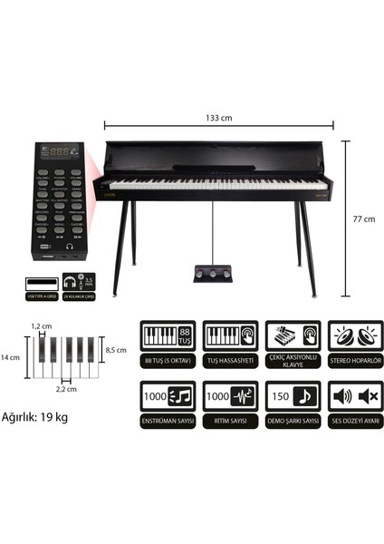 Jwin Sapphire SDP-115 Çekiç Aksiyonlu 88 Tuşlu Dijital Piyano - Siyah