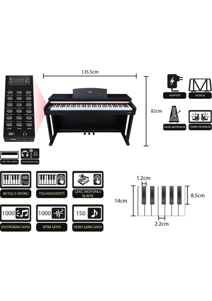 Jwin Sapphire SDP-216 Çekiç Aksiyonlu 88 Tuşlu Dijital Piyano - Siyah
