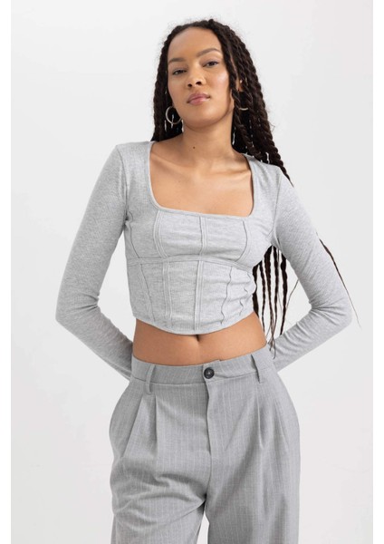 Fitted Yuvarlak Yaka Fitilli Kaşkorse Uzun Kollu Tişört B0909AX23AU