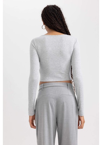 Fitted Yuvarlak Yaka Fitilli Kaşkorse Uzun Kollu Tişört B0909AX23AU