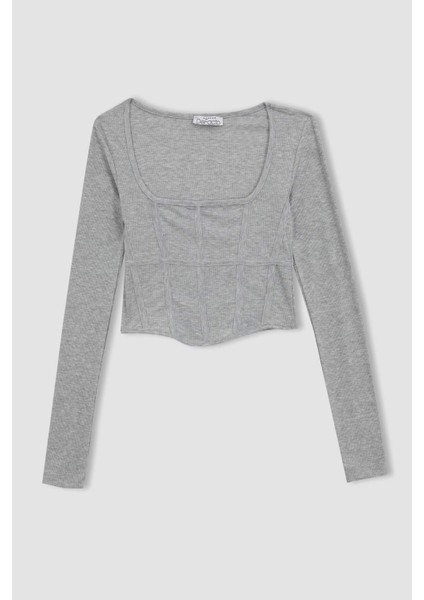 Fitted Yuvarlak Yaka Fitilli Kaşkorse Uzun Kollu Tişört B0909AX23AU