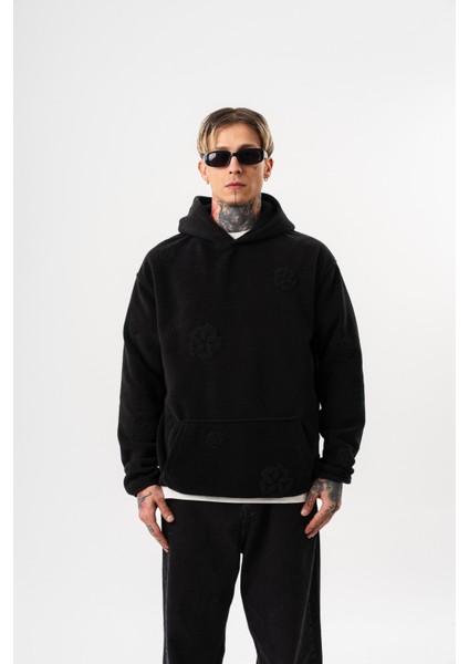 Erkek Süzene Nakış Detaylı Kapüşonlu Oversize Polar Hoodie Siyah