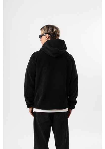 Erkek Süzene Nakış Detaylı Kapüşonlu Oversize Polar Hoodie Siyah modelleri