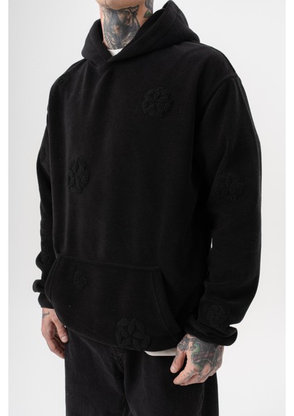 Erkek Süzene Nakış Detaylı Kapüşonlu Oversize Polar Hoodie Siyah fırsatları