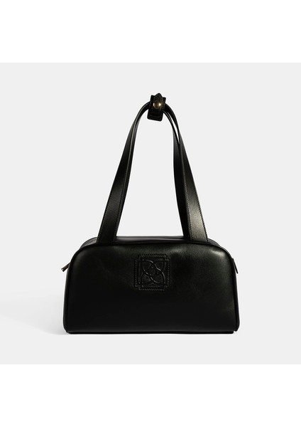 Kadın Siyah Monogram Logolu Deri Omuz Çantası