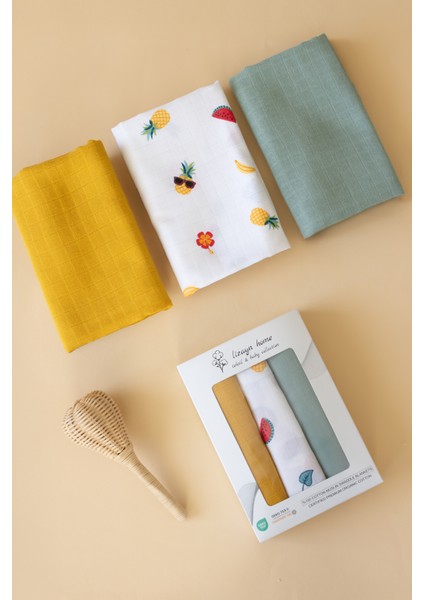 Çok Amaçlı Müslin Örtü & Battaniye 3'lü Set %100 Pamuk Oeko-Teks Sertifikalı 80X80 cm