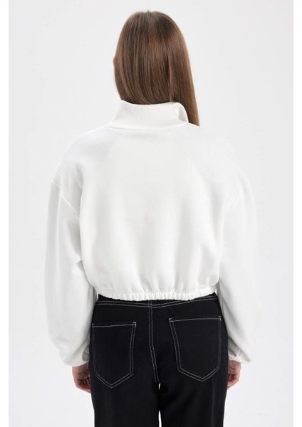 Crop Fermuarlı Dik Yaka Baskılı Kalın Sweatshirt B2010AX23WN
