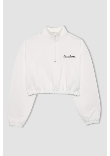 Crop Fermuarlı Dik Yaka Baskılı Kalın Sweatshirt B2010AX23WN