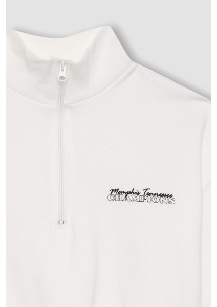 Crop Fermuarlı Dik Yaka Baskılı Kalın Sweatshirt B2010AX23WN