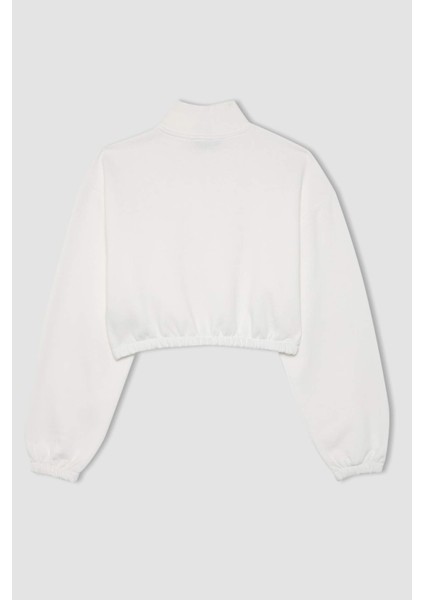 Crop Fermuarlı Dik Yaka Baskılı Kalın Sweatshirt B2010AX23WN