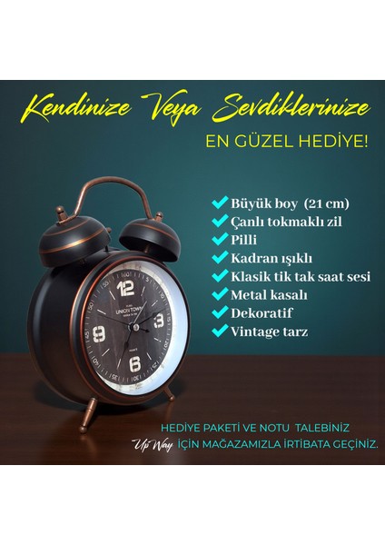 Çanlı Tokmaklı Yüksek Zil Sesli Çalar Saat Vintage Tarz Metal Büyük Boy