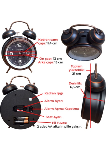 Çanlı Tokmaklı Yüksek Zil Sesli Çalar Saat Vintage Tarz Metal Büyük Boy