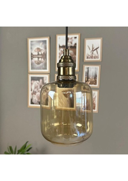 Diona Cam Bal Rengi Tekli Avize Lale Başlık Retro Sarkıt Lamba Salon Aydınlatma