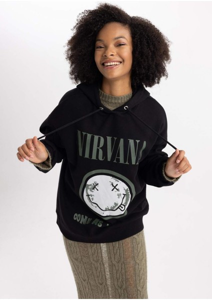 Nirvana Oversize Geniş Kalıp Kapüşonlu Baskılı Kalın Kumaş Sweatshirt