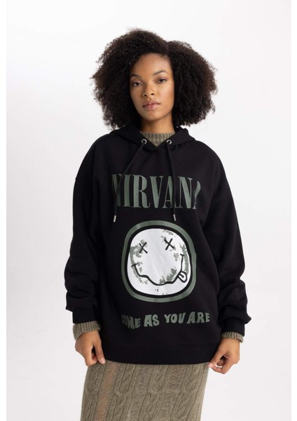 Nirvana Oversize Geniş Kalıp Kapüşonlu Baskılı Kalın Kumaş Sweatshirt