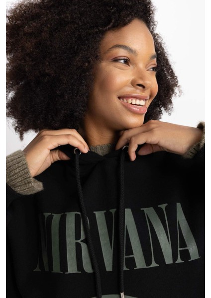 Nirvana Oversize Geniş Kalıp Kapüşonlu Baskılı Kalın Kumaş Sweatshirt