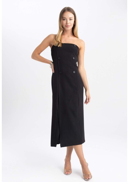 Straplez Basic Düz Yırtmaçlı Midi Siyah Abiye Elbise