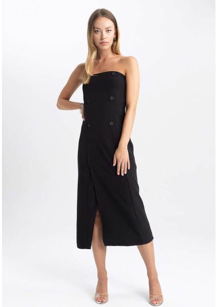 Straplez Basic Düz Yırtmaçlı Midi Siyah Abiye Elbise