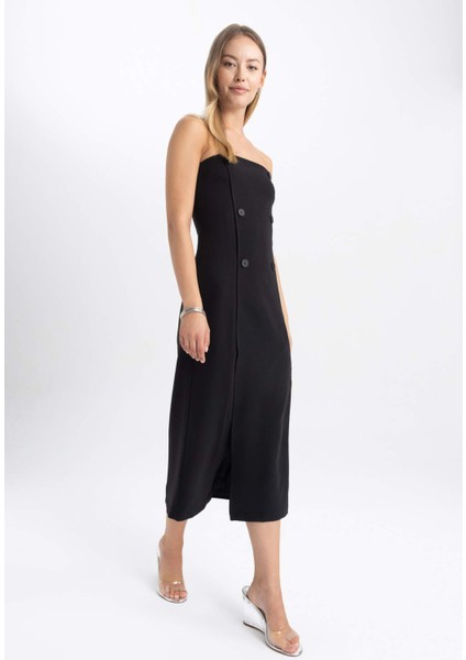 Straplez Basic Düz Yırtmaçlı Midi Siyah Abiye Elbise