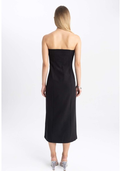 Straplez Basic Düz Yırtmaçlı Midi Siyah Abiye Elbise