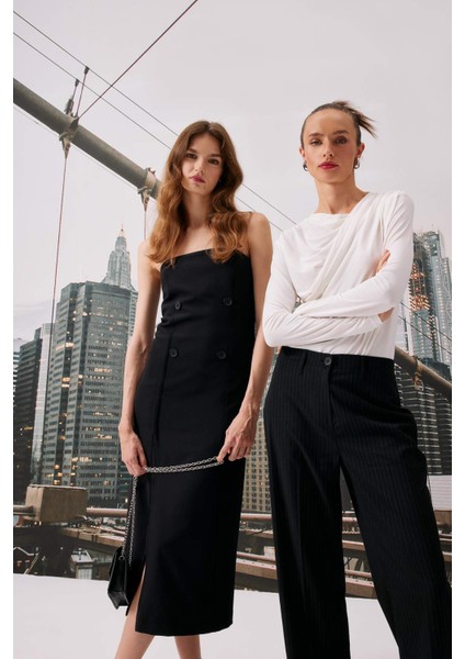 Straplez Basic Düz Yırtmaçlı Midi Siyah Abiye Elbise