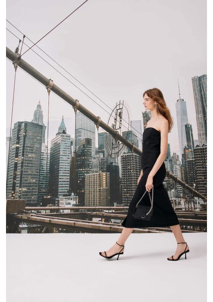 Straplez Basic Düz Yırtmaçlı Midi Siyah Abiye Elbise