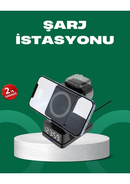 Techmrt Dijital Saatli Kablosuz Şarj Istasyonu – 3’ü 1 Arada Apple Uyumlu Hızlı Şarj ve LED Ekran