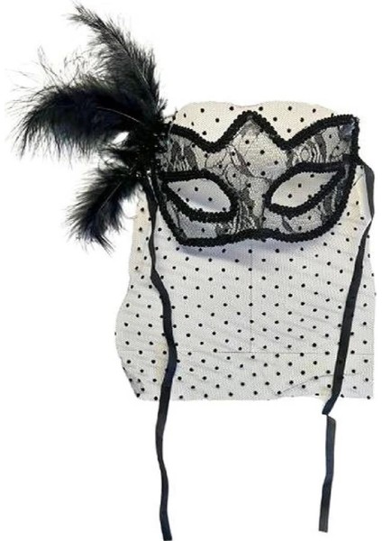Bfs siyah Renk Siyah Puantiyeli Duvaklı Incili Parti Maskesi