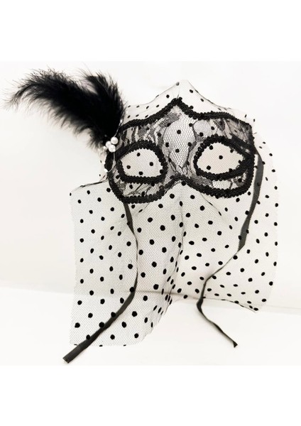 Bfs siyah Renk Siyah Puantiyeli Duvaklı Incili Parti Maskesi modelleri