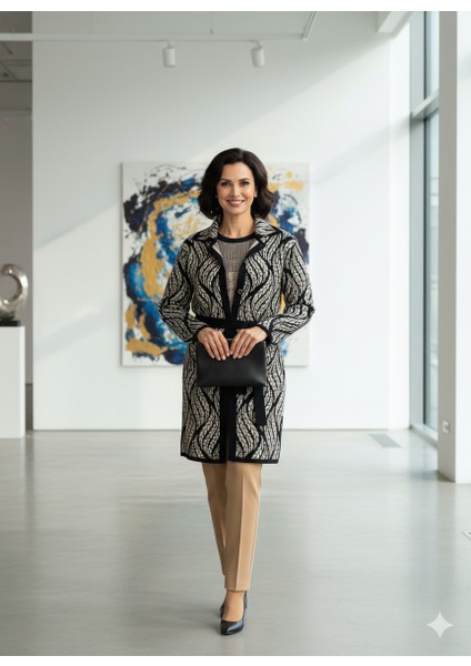 Kadın Kışlık Motifli Düğmeli Cepli Rahat Kesim Likralı Yünlü Dokuma Anne Hırka modelleri