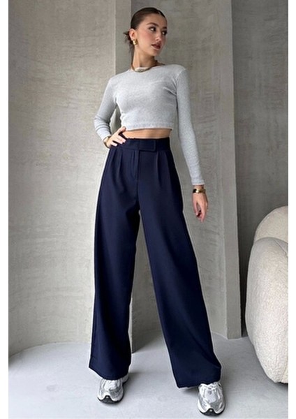 Lacivert Pantolon Kadın Yüksek Bel Ayarlanabilir Bel Geniş Paça Dokuma Kumaş