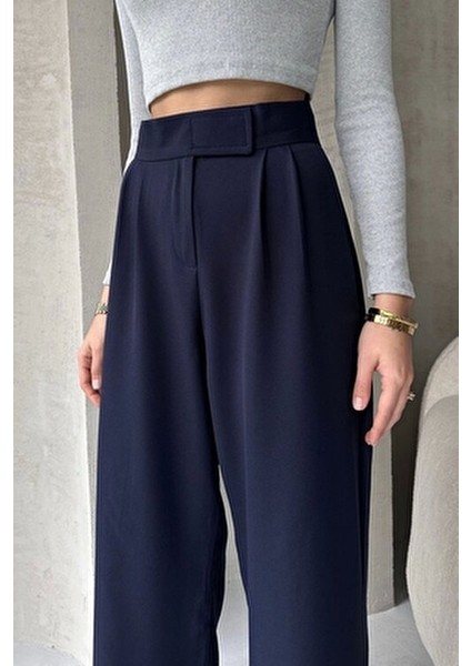 Lacivert Pantolon Kadın Yüksek Bel Ayarlanabilir Bel Geniş Paça Dokuma Kumaş