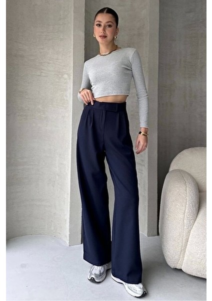 Lacivert Pantolon Kadın Yüksek Bel Ayarlanabilir Bel Geniş Paça Dokuma Kumaş